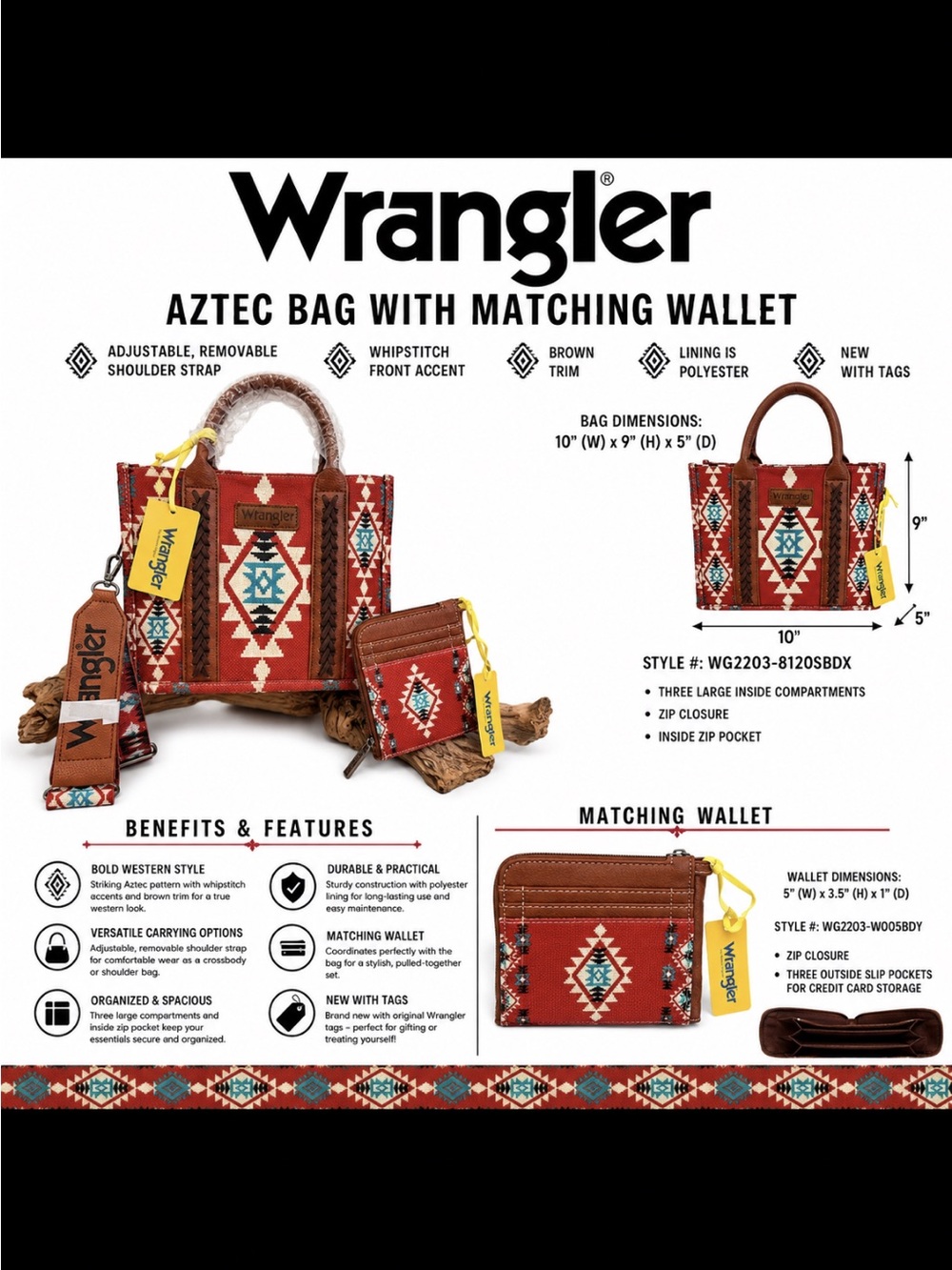 Wrangler Aztec Tote Bag & Matching Wallet NWT Southwestern Western Set